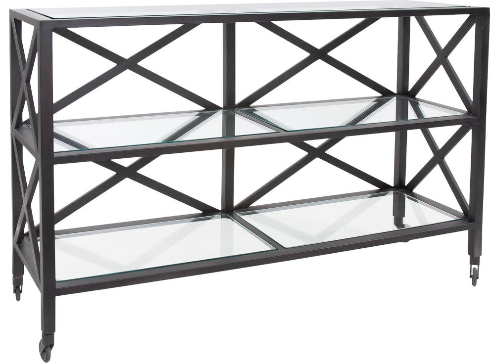 Sleek Doshi Rolling Console With Glass Shelves