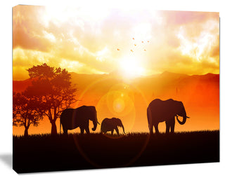 Elephants Walking At Sunset, African Canvas Art Print, 60"x28"