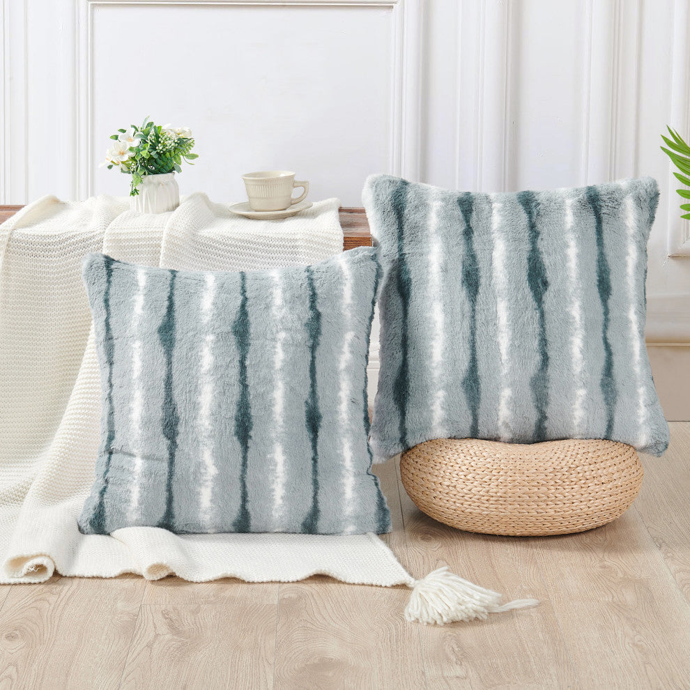 Amanda Stripe Faux Fur 2 Piece Pillow Shell Sets, Pearl Blue, 20"x20"
