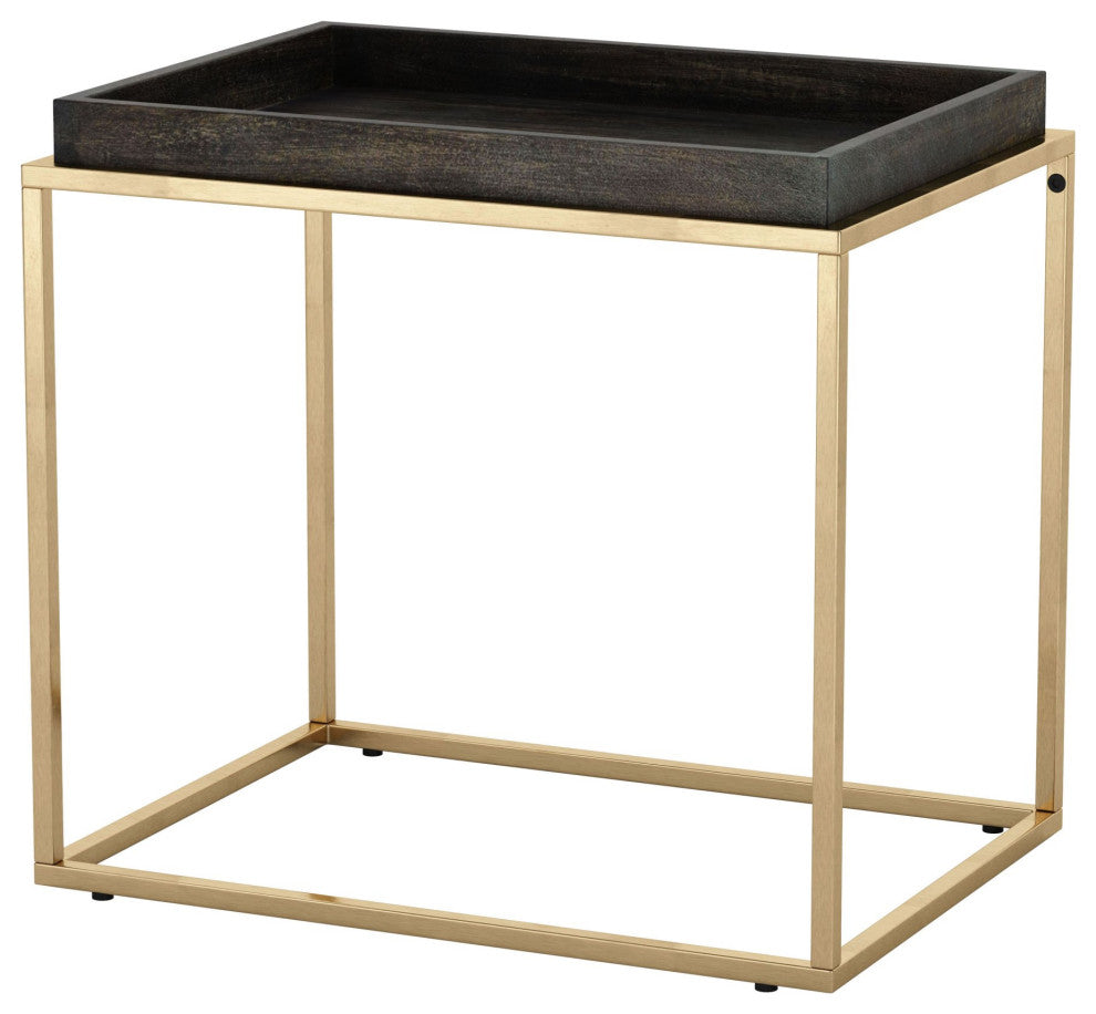 Sofa Side Table, Rectangular, Aluminum, Metal, Wood, Black, Brass, Hospitality