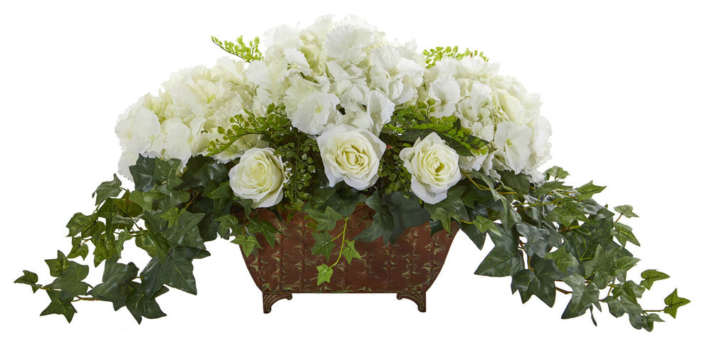 Hydrangea and Roses Artificial Arrangement in Metal Planter