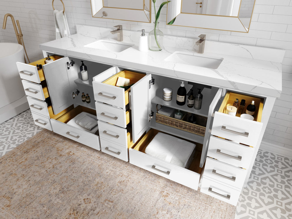 Malibu 84 Double Sink Bath Vanity in White  2" Carrara Quartz
