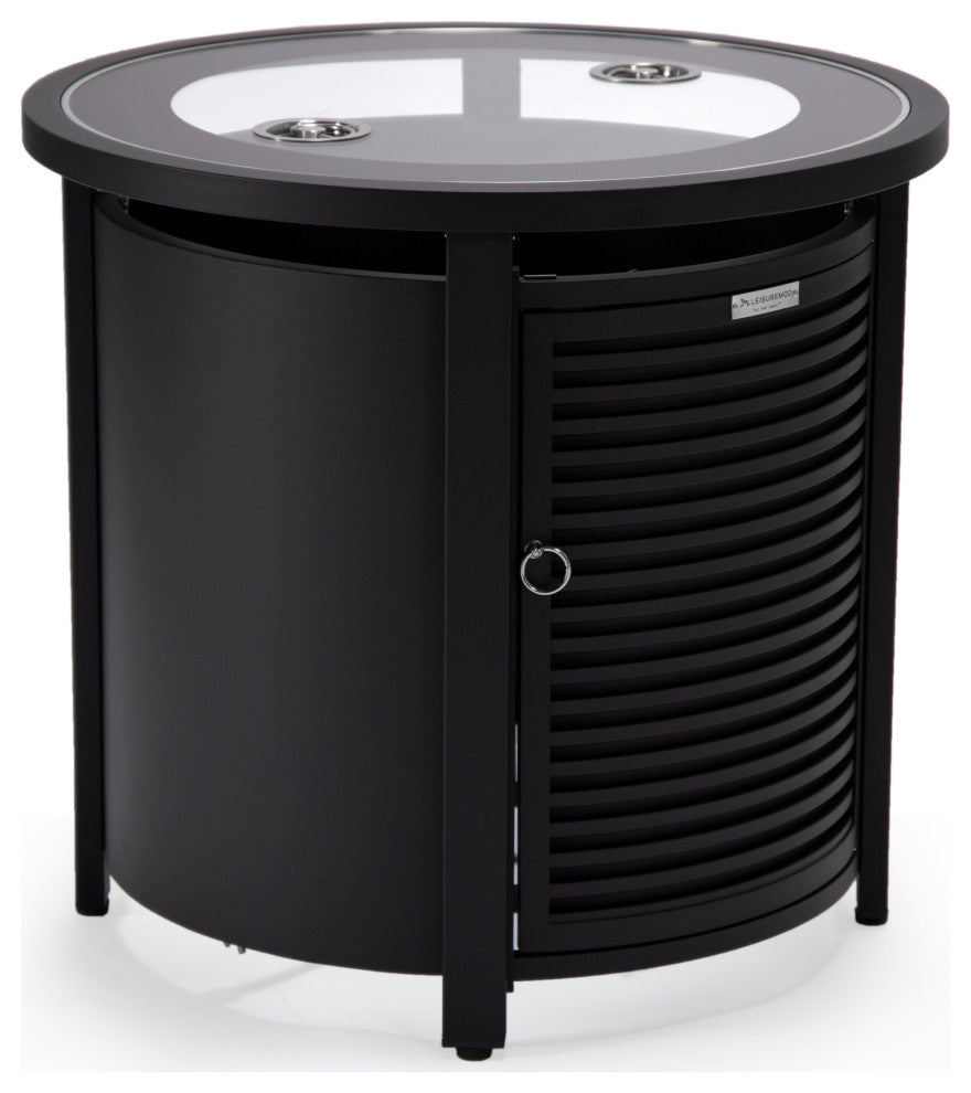LeisureMod Walbrooke Round Fire Pit Table and Tank Holder With Slats, Black