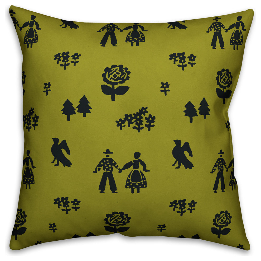 Folk Forest Motif, Green Outdoor Throw Pillow, 16"x16"