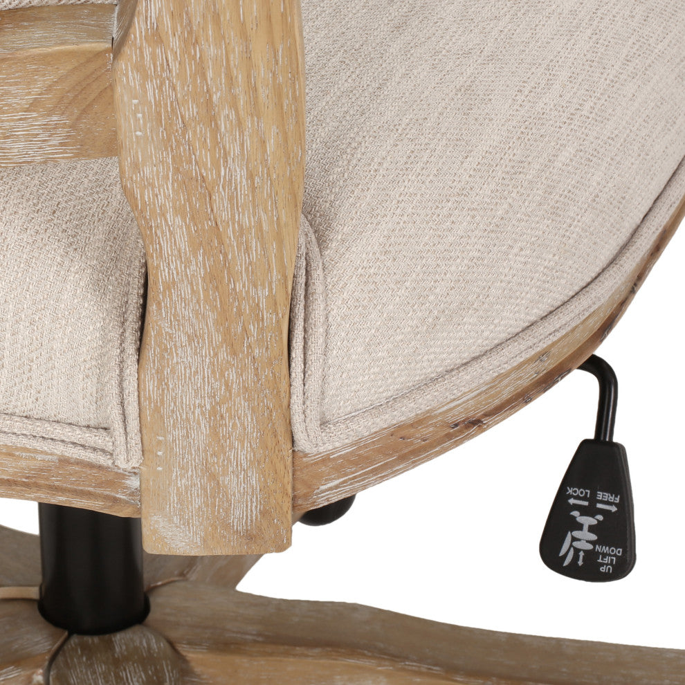Oakes Upholstered Swivel Office Chair, Beige + Natural, 100% Polyester + Rubber Wood + Iron