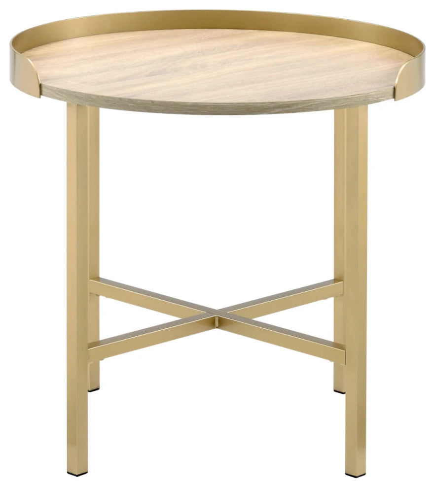 End Table, Oak Table Top with Gold Finish Frame