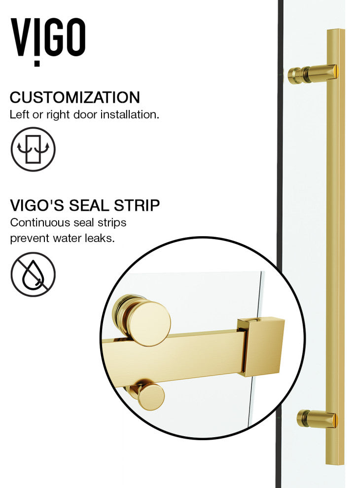 VIGO Luca 56" to 60" W x 79" H Frameless Sliding Shower Door, Matte Brushed Gold, Clear Glass