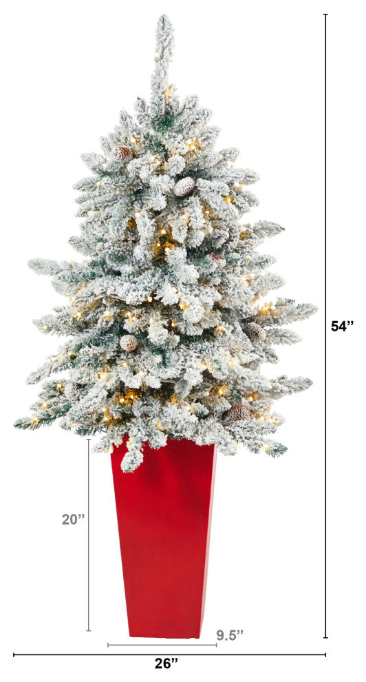 4.5' Flocked Livingston Fir Faux Xmas Tree W/Pinecones & Lights, Tall Planter