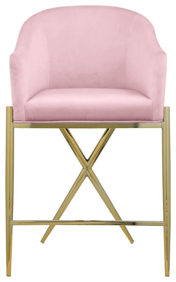 Xavier Velvet Upholstered Counter Height Stool, Pink, Gold Finish