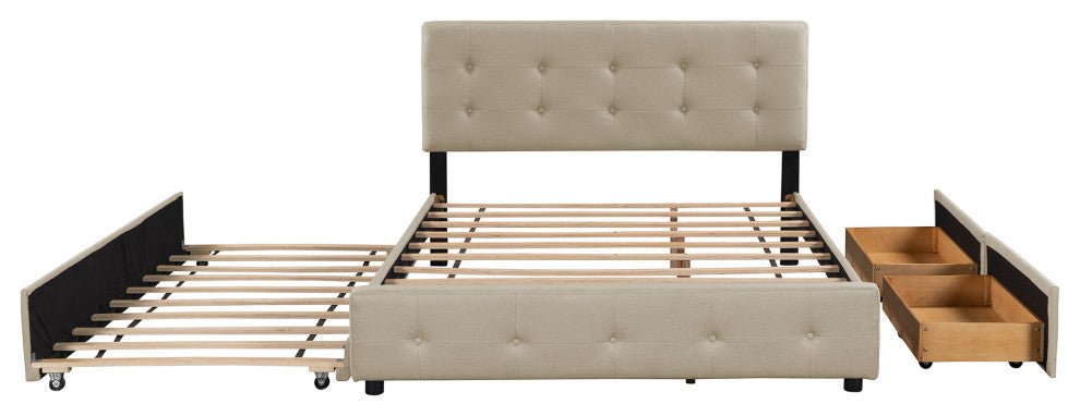 Queen Wood Frame Platform Bed with Drawers and Twin XL Trundle, Beige, Queen