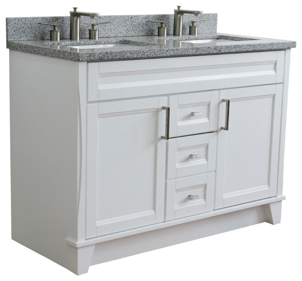 48" Double Sink Vanity, White Finish With Gray Granite And Rectangle Sink