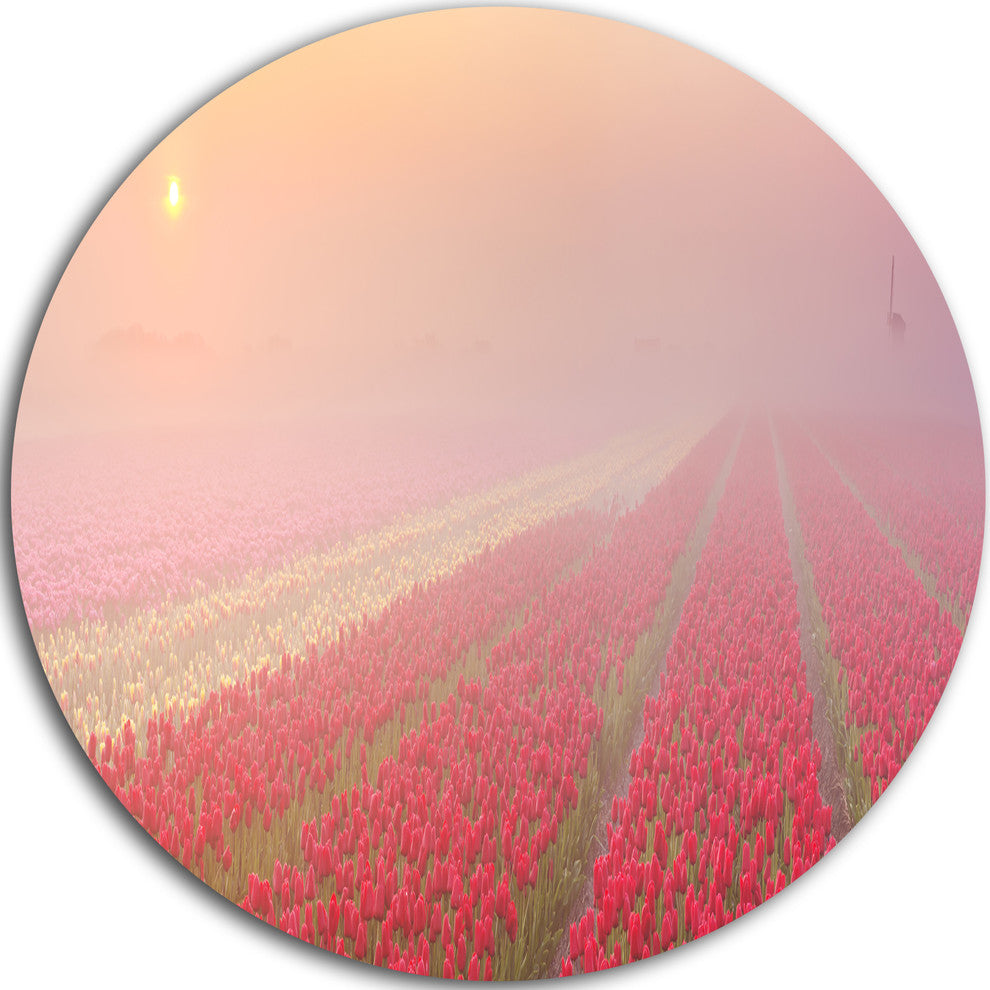 Sunrise Over Rows Of Tulips, Landscape Round Metal Wall Art, 11"