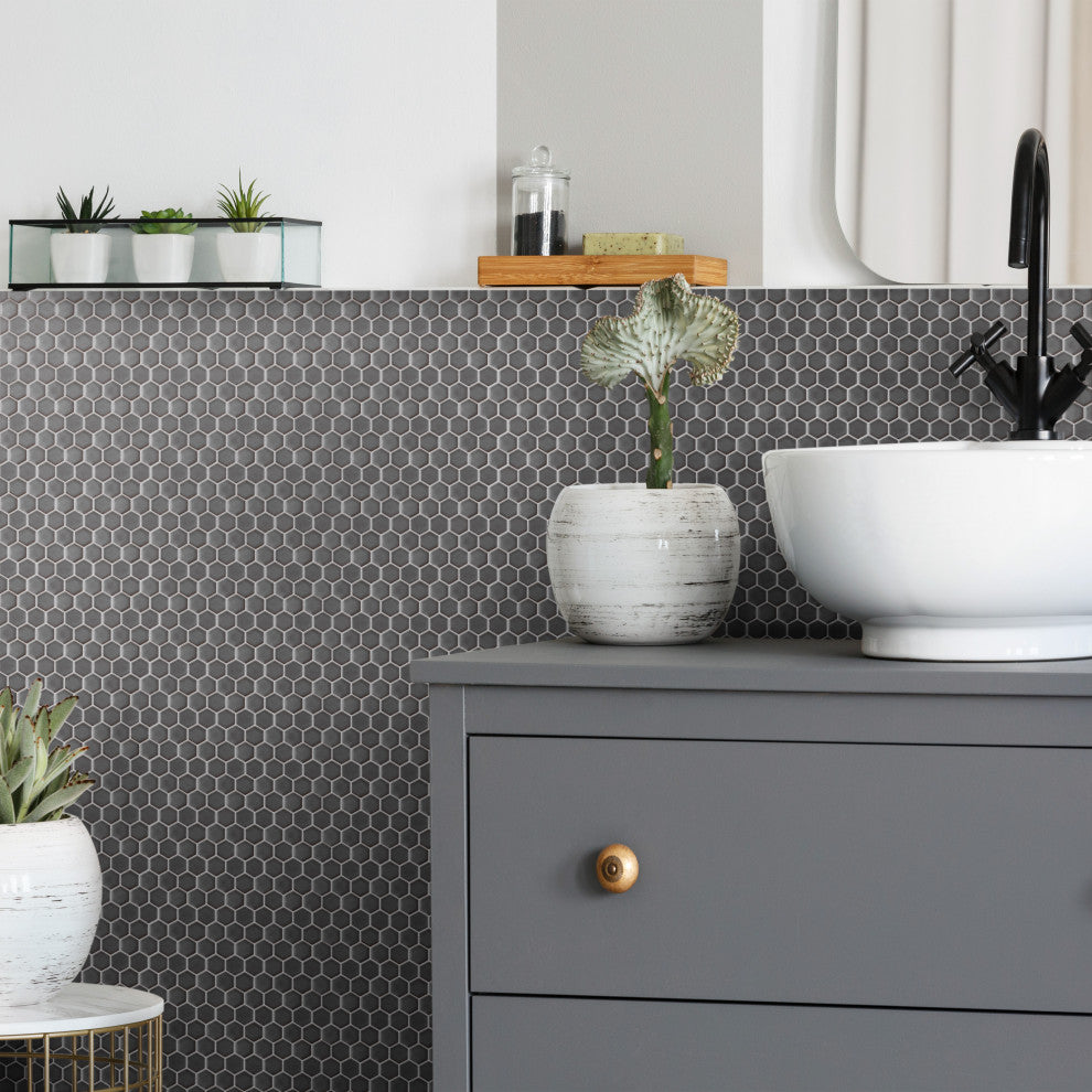 Colmena Hex Porcelain Floor and Wall Mosaic Tile, Matte Gunmetal