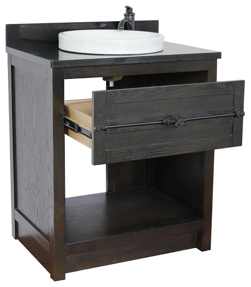 30" Single Vanity, Brown Ash, Black Galaxy Top, Round Sink
