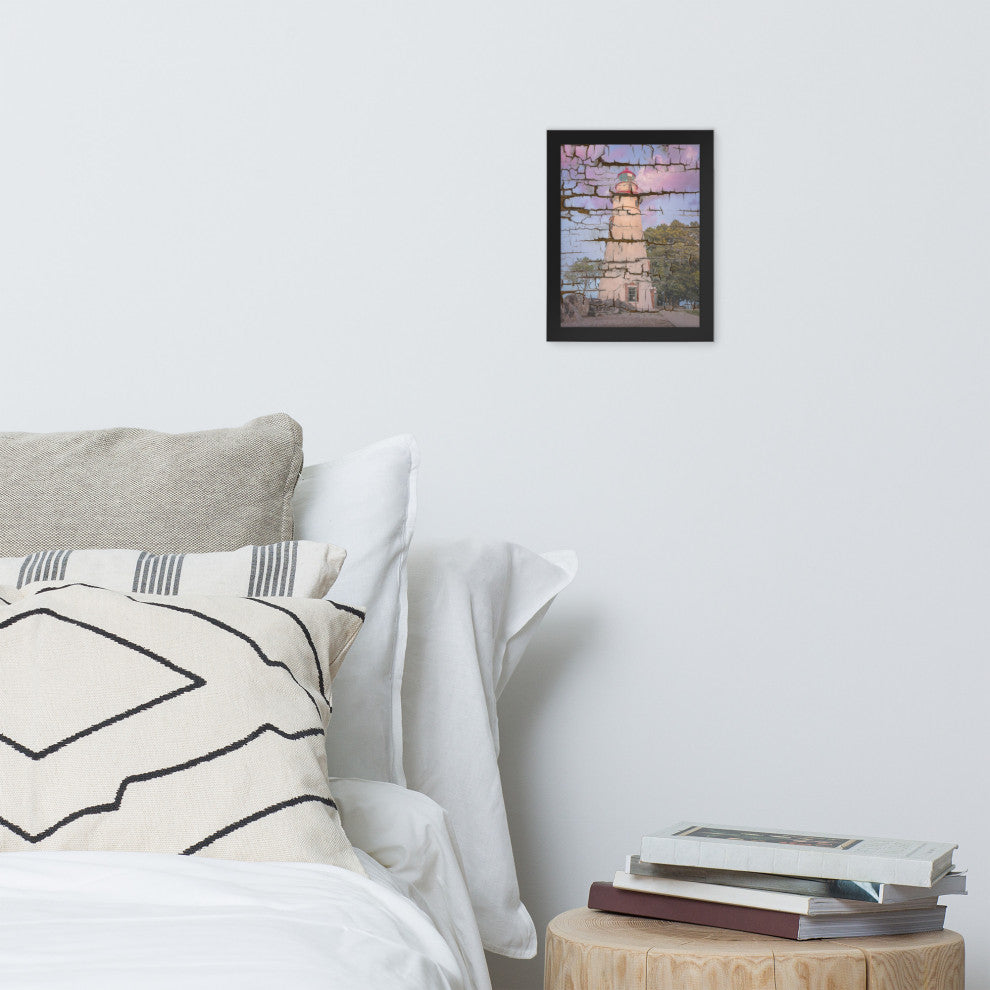 Faux Wood Texture Marblehead Lighthouse at Sunset Framed Photo Wall Art Print, Black, 8" X 10"