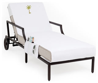 Palm Tree Embroidered Standard Size Chaise Lounge Cover With Side Pockets, White