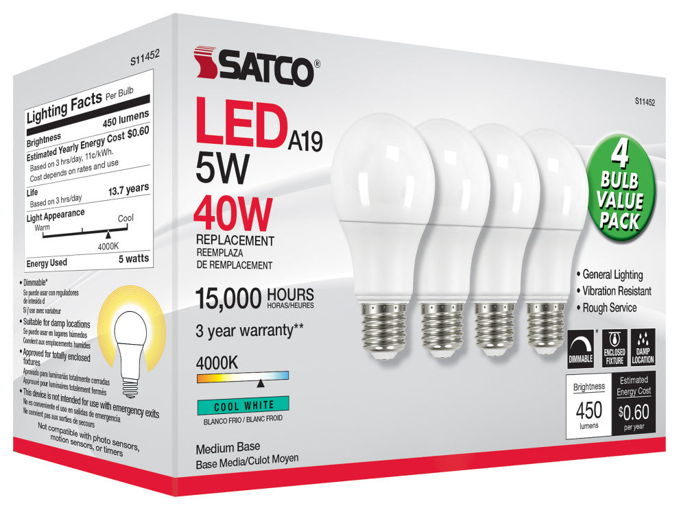 5W A19 LED, 4000K, Dimmable, Medium Base, 230 deg. Beam Angle, 4-Pack