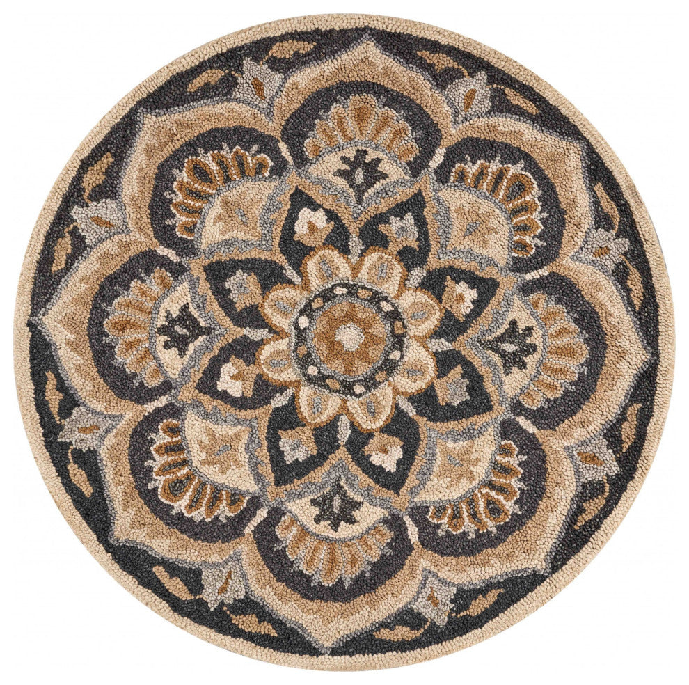 4' Round Black Flower Blossom Area Rug