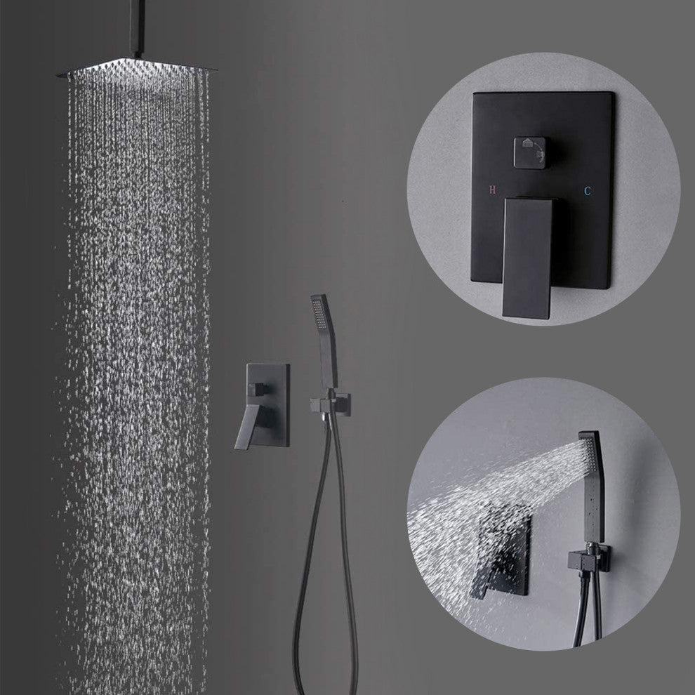 Ceiling Mounted Shower System Set With 12" Rain Shower Head, Matte Black