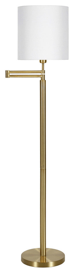 62" Brass Swing Arm Floor Lamp With White Frosted Glass Drum Shade