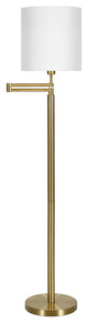 62" Brass Swing Arm Floor Lamp With White Frosted Glass Drum Shade