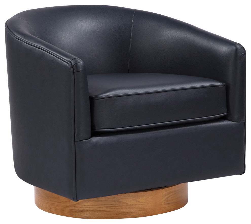Irving Faux Leather Wood Base Barrel Swivel Chair, Midnight Blue