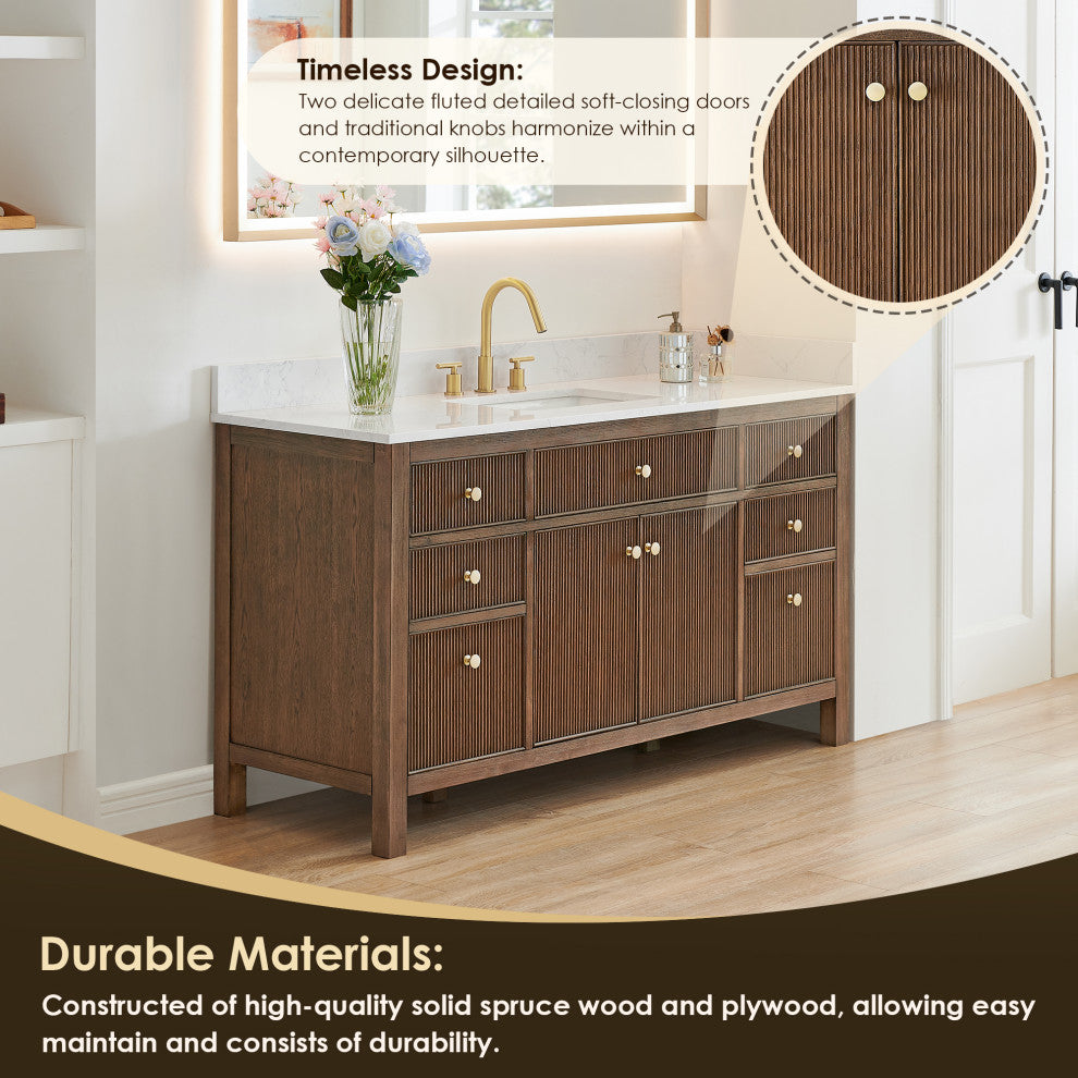 Cerrito Bathroom Vanity, Brown Brushed Oak, 60" Single, Without Mirror