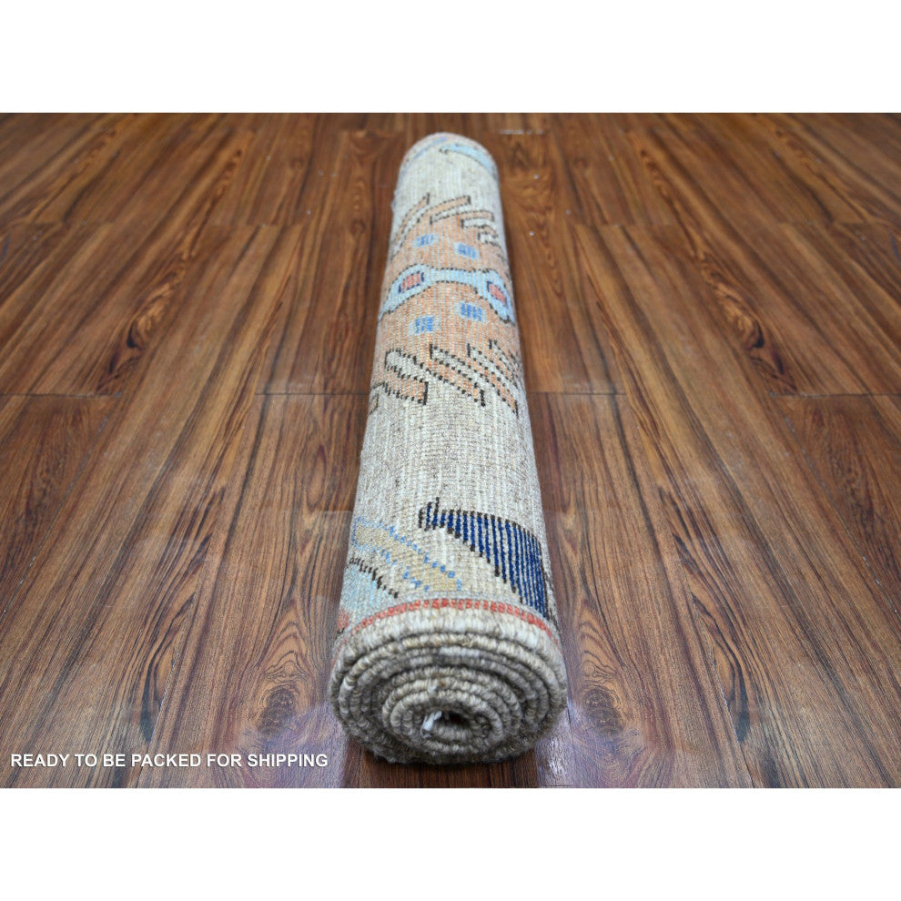 Tan Anatolian Village Inspired Design Wool Hand Knotted Runner Rug 2'10"x9'7"