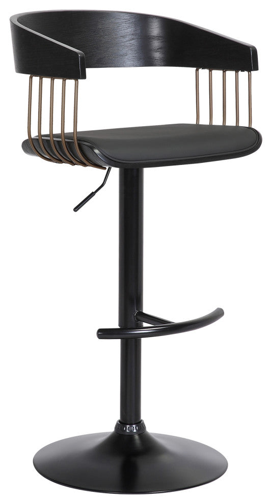 Larisa Adjustable Black Wood Bar Stool Black Faux Leather Bronze and Black Metal