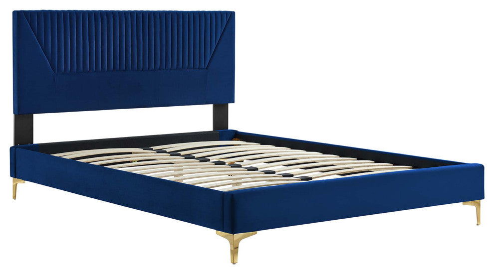 Yasmine Channel Tufted Performance Velvet Queen Platform Bed, Navy