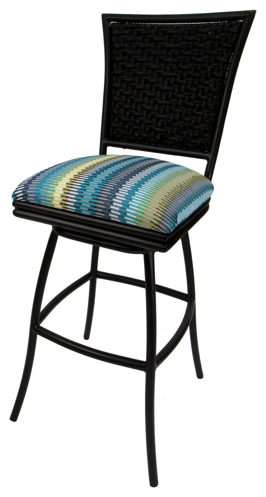 Outdoor Patio Bar Pub Set - 30" Erin Stools - Black Frame, Aqua Sun Stripe - Black, 30"