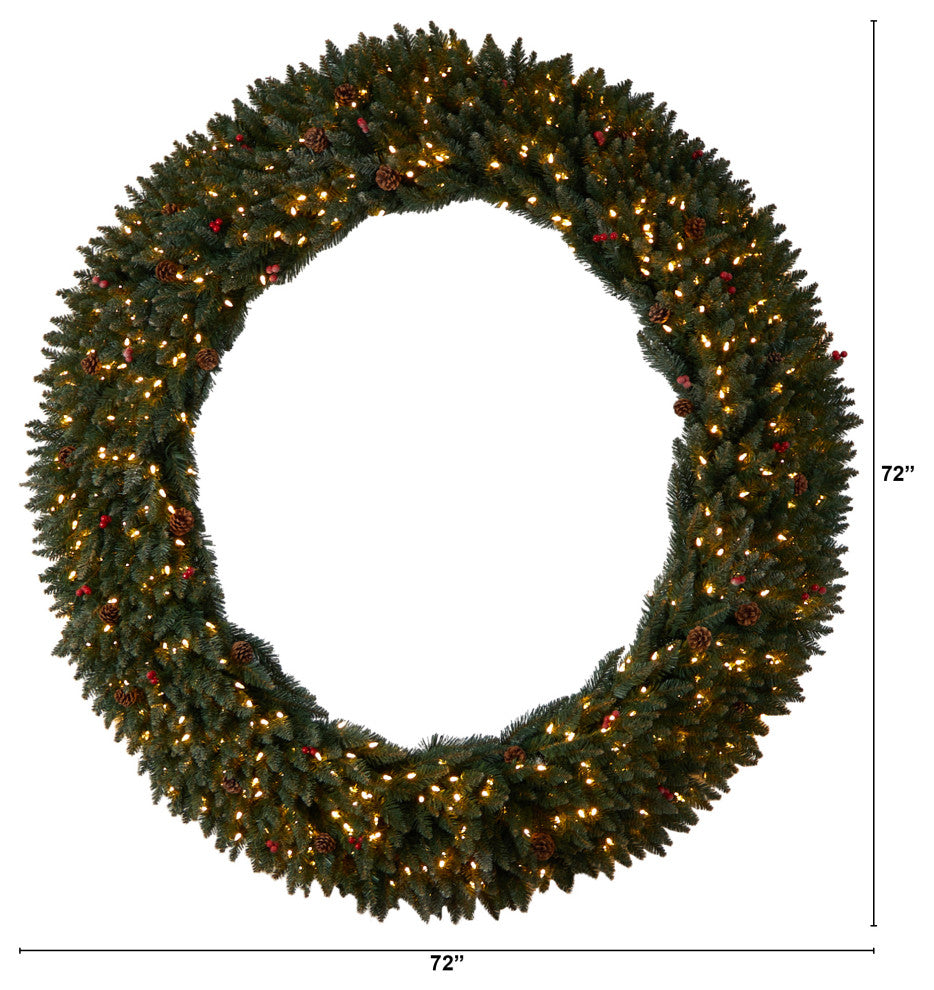 6' Large Flocked Artificial Christmas Wreath With Pinecones Berries 600 LEDs