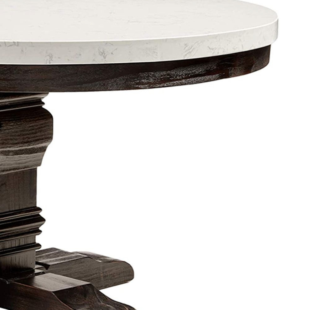 ACME Nolan Dining Table WithPedestal, White Marble and Salvage Dark Oak