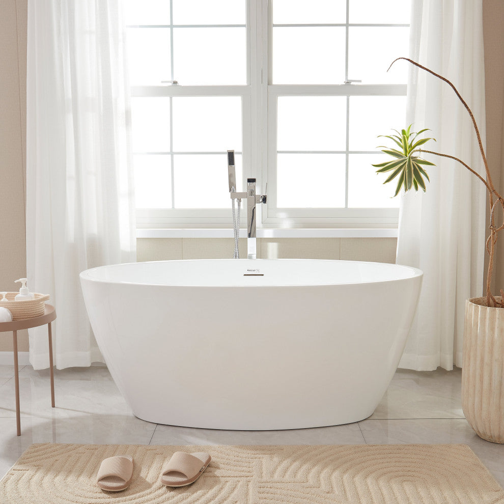 Vanity Art 55"x32" Acrylic Freestanding Soaking Bathtub, White/Integrated Overflow