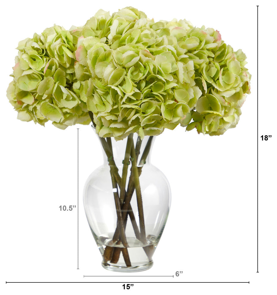 18" Hydrangea Artificial Arrangement, Glass Vase