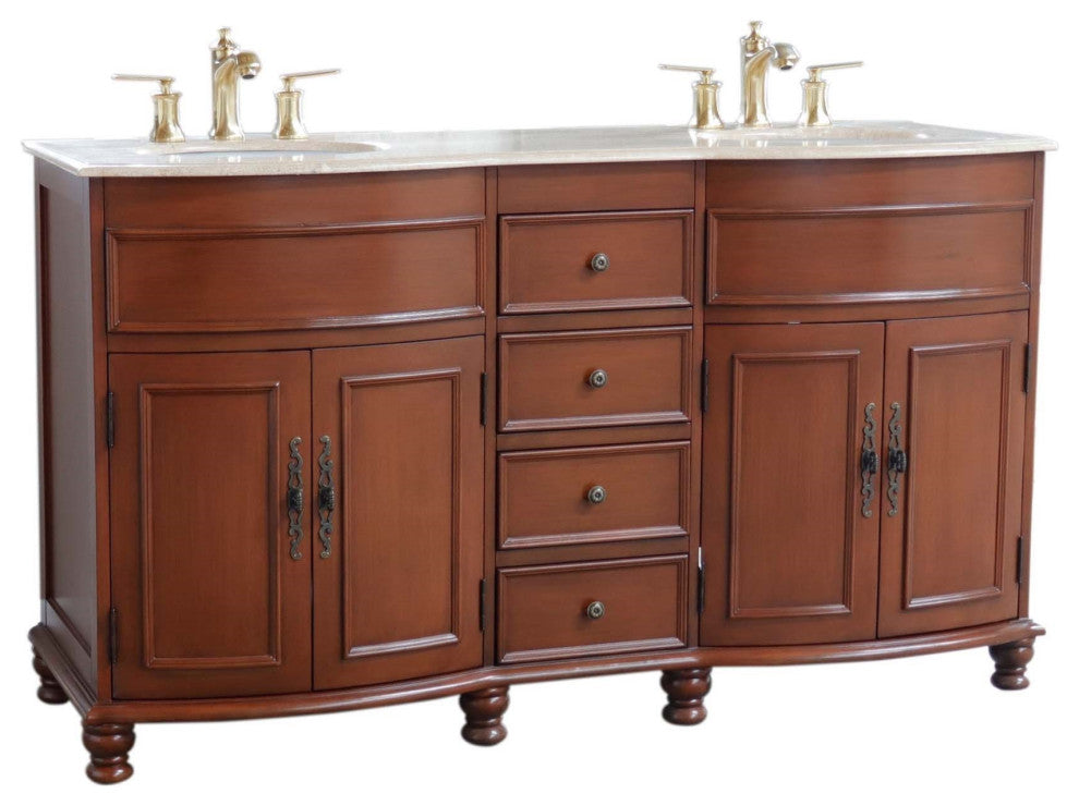 62" Double Sink Vanity Walnut Finish, Travertine Top