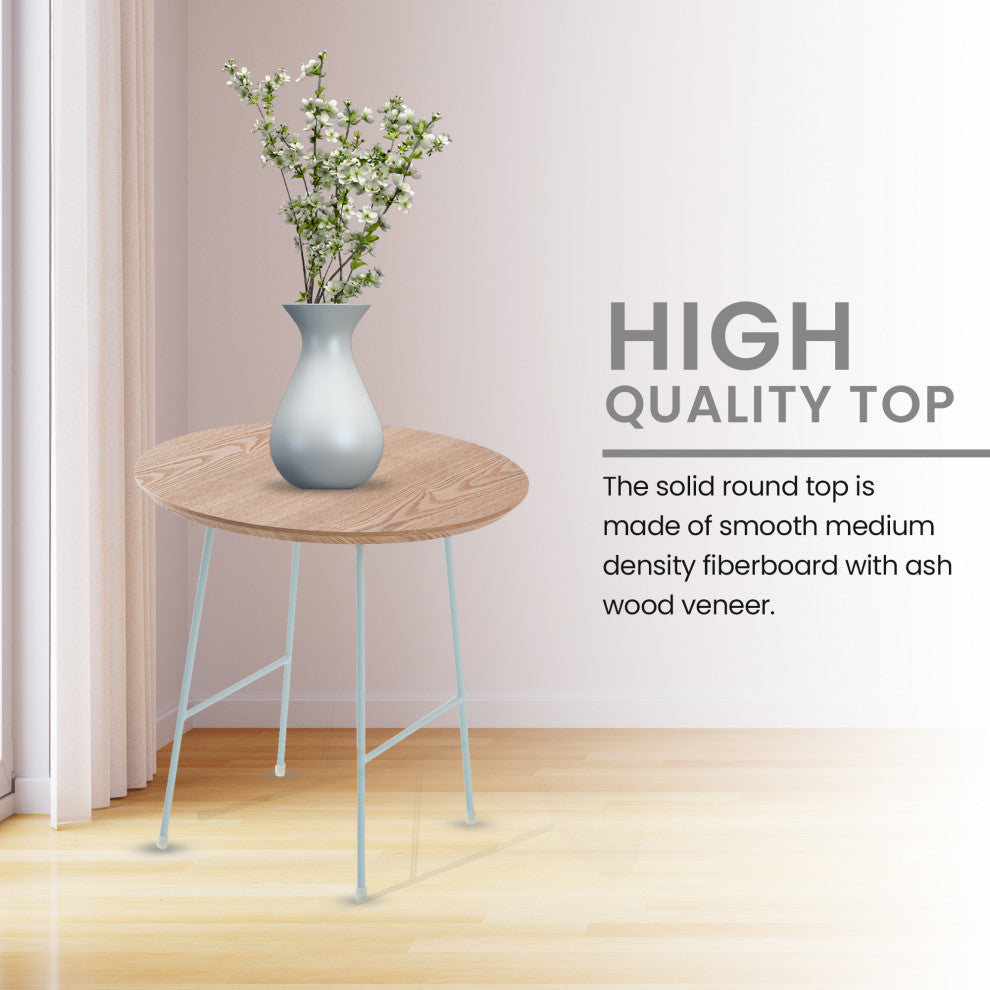LeisureMod Rossmore Modern Round Side Table With White Steel Frame, Natural Wood