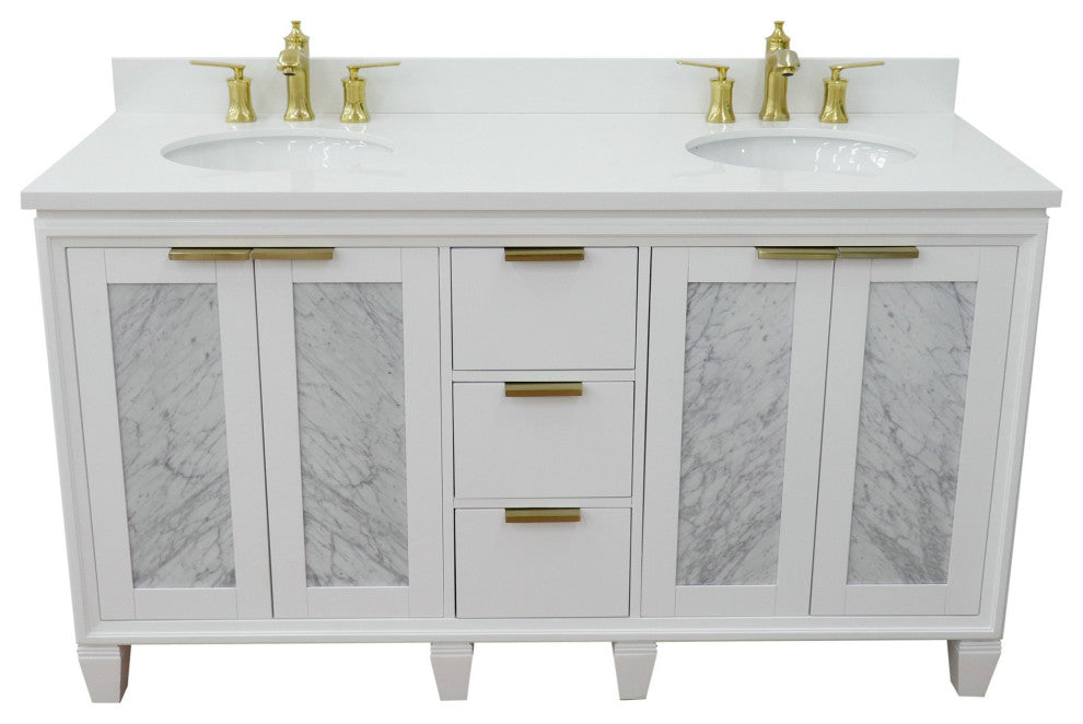 61" Double Sink Vanity, White Finish With Engineered Stone Top And Oval Sink
