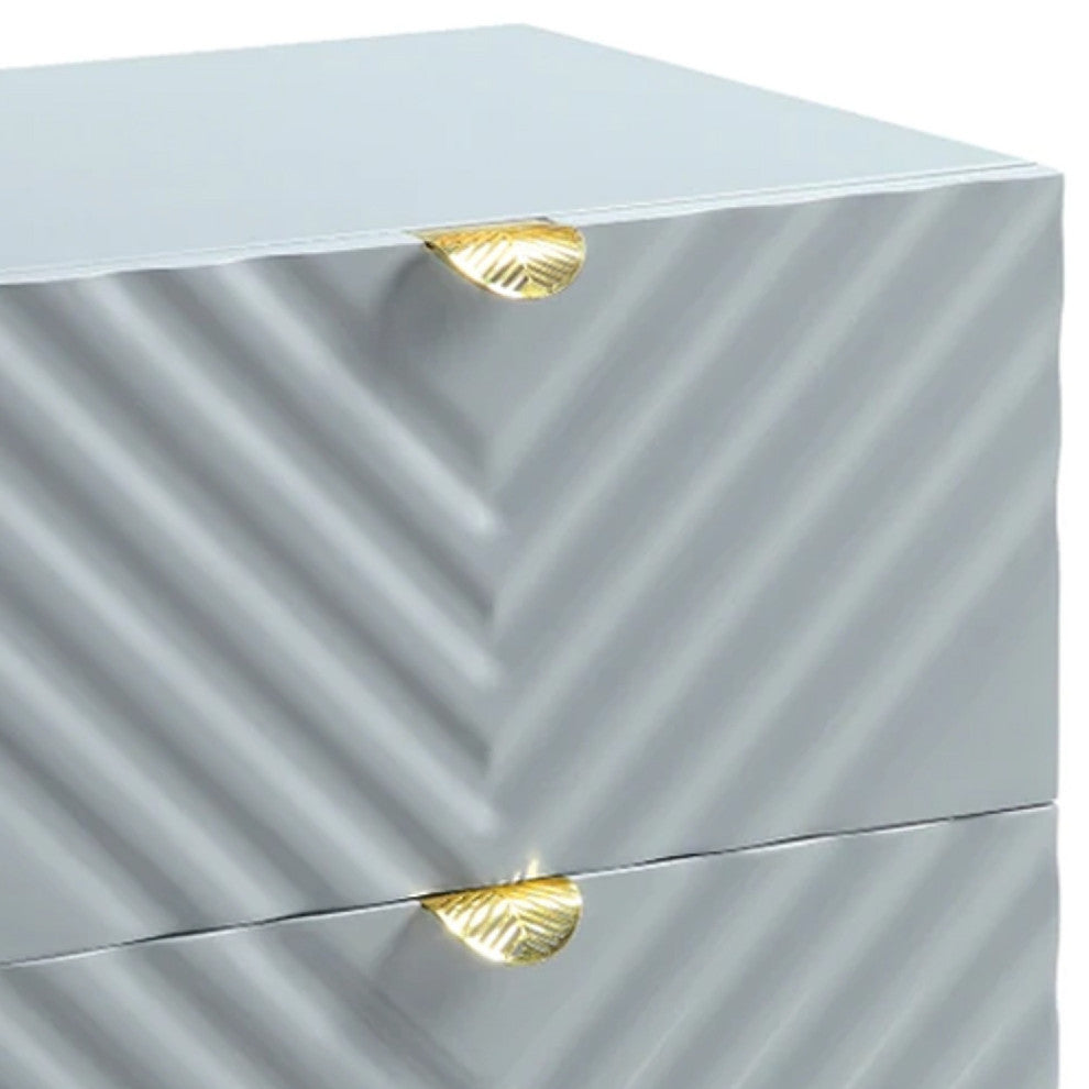Benzara BM275526 Wood Nightstand, Textured Wavy Design, Gold Metal Legs, Gray