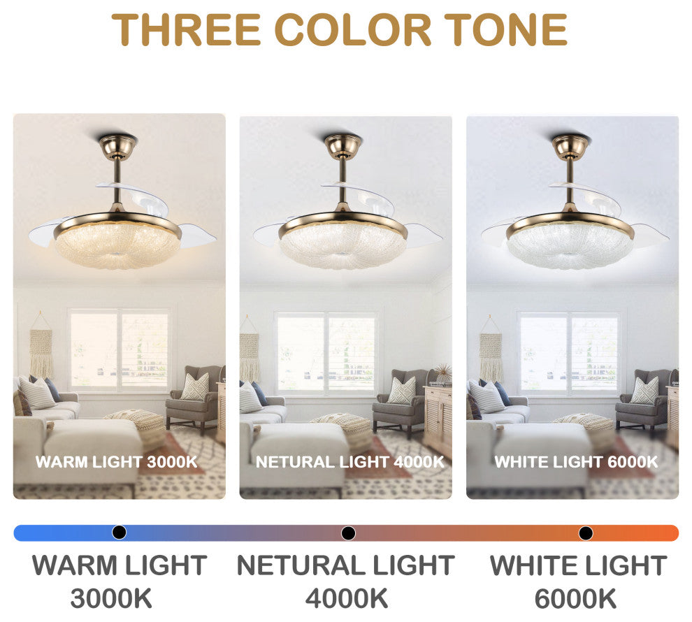 CurveCurio 42" Retractable Ceiling Fan with Matte Gold Finish & LED Lights