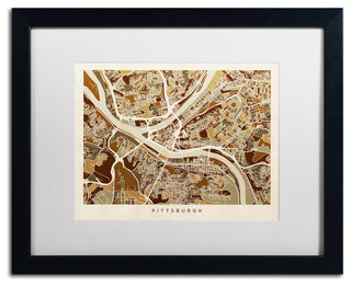 "Pittsburgh Street Map" Matted Framed Canvas Art by Michael Tompsett