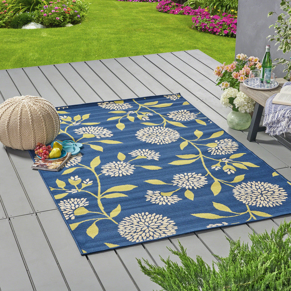 GDF Studio Tilda Outdoor Floral  Area Rug, Blue and Multicolored, 5'x8'