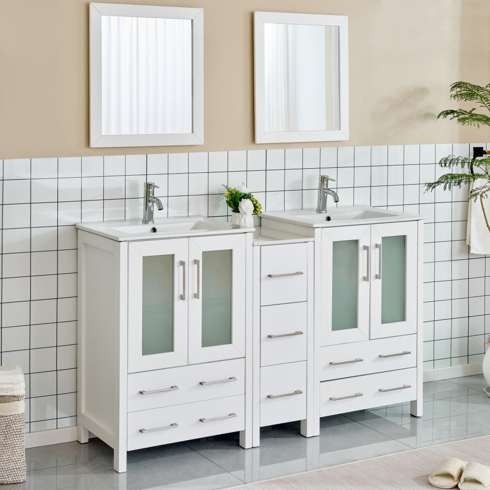 Vanity Art Vanity Set With Ceramic Top, 60", White, Led Touch-Switch Mirror