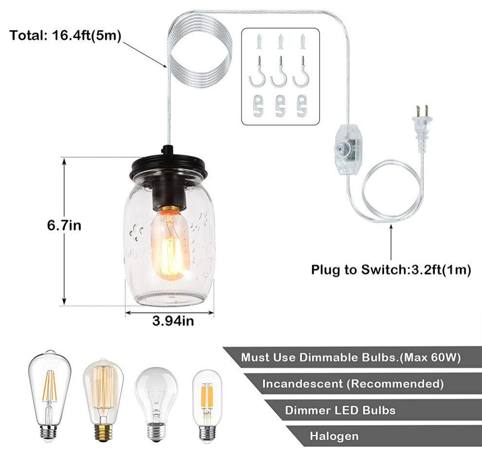 Mason Jar Glass Pendant Light Fixture Plug in Hang Lamp