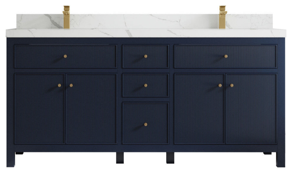Sonoma 72 Double Sink Reeded Bath Vanity in Hale Navy Blue 2" Calacatta Laza