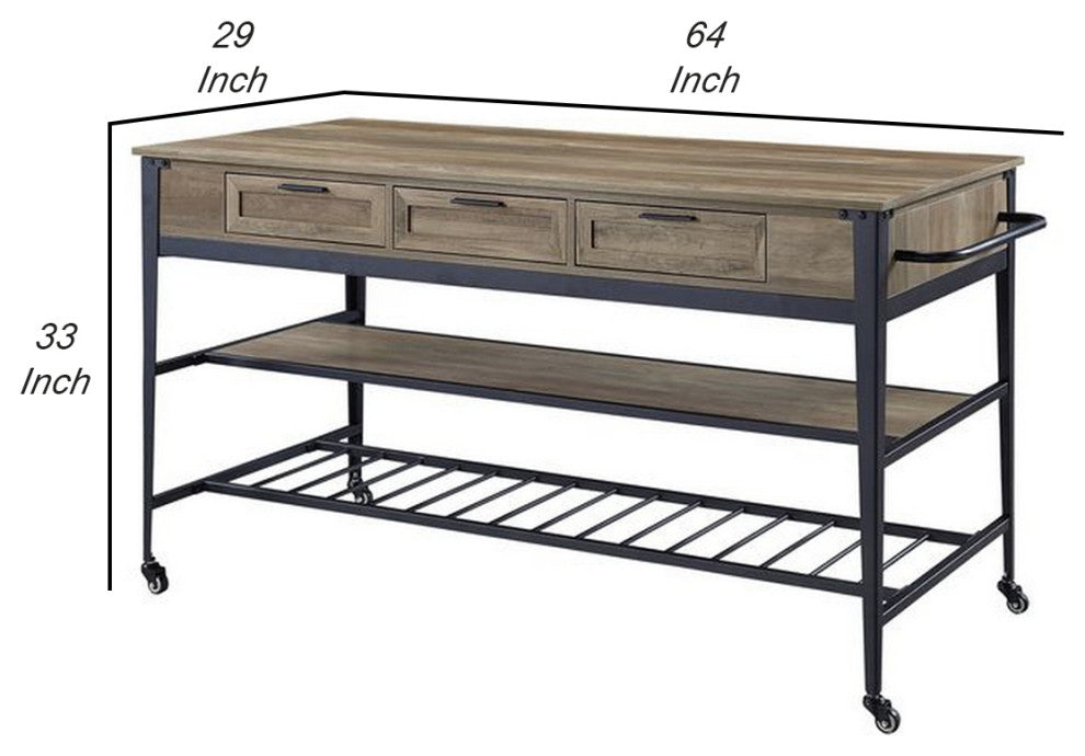 Benzara BM251155 3 Tier Kitchen Island, 3 Drawers/Lockable Caster, Brown/Black