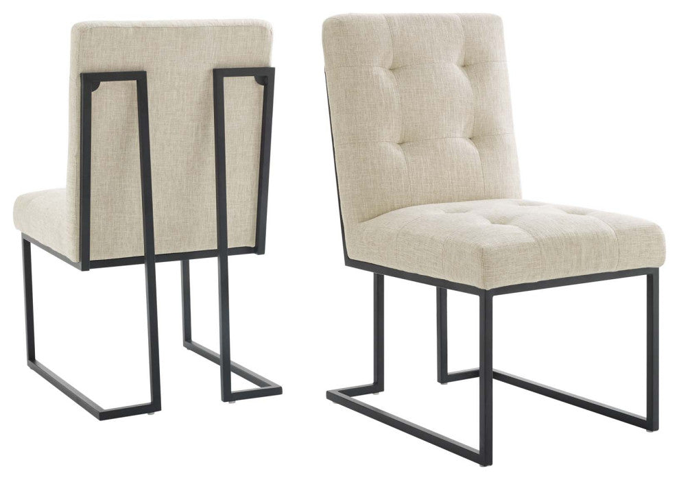 Side Dining Chair, Set of 2, Fabric, Metal, Black Beige, Cafe Bistro Restaurant