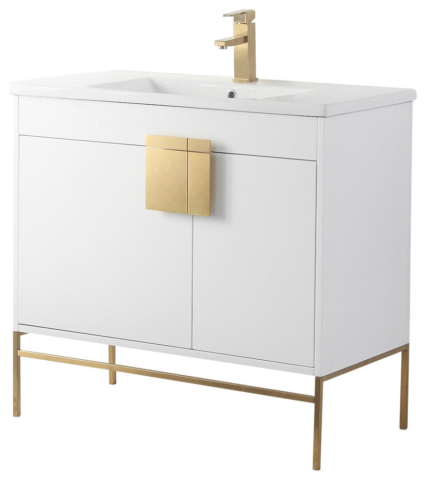 Modern White Bathroom Vanity Set, Satin Brass Hardware, Vireous China Sink Top
