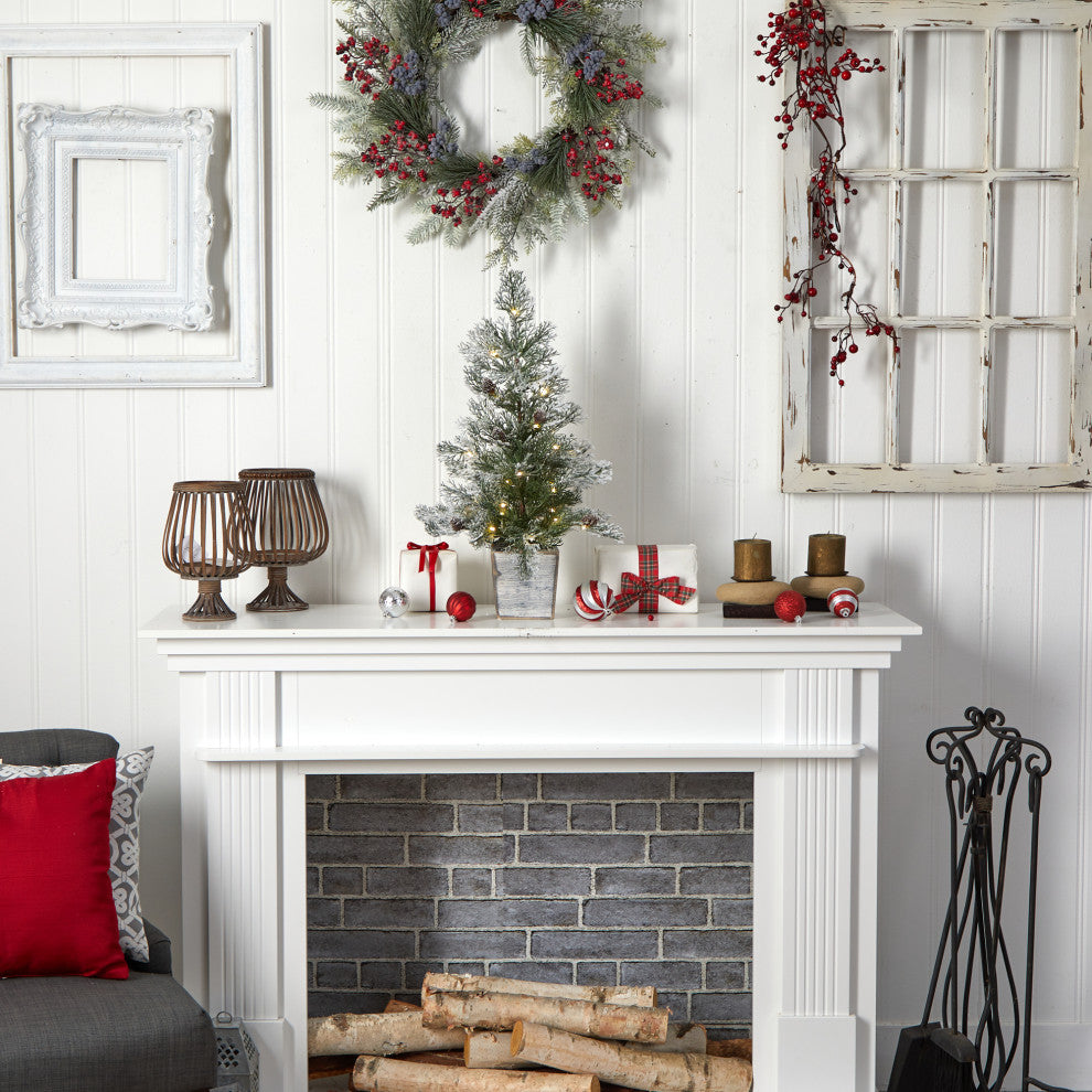 2' Frosted Pre-Lit Artificial Christmas Tree With Pinecones, Decorative Planter