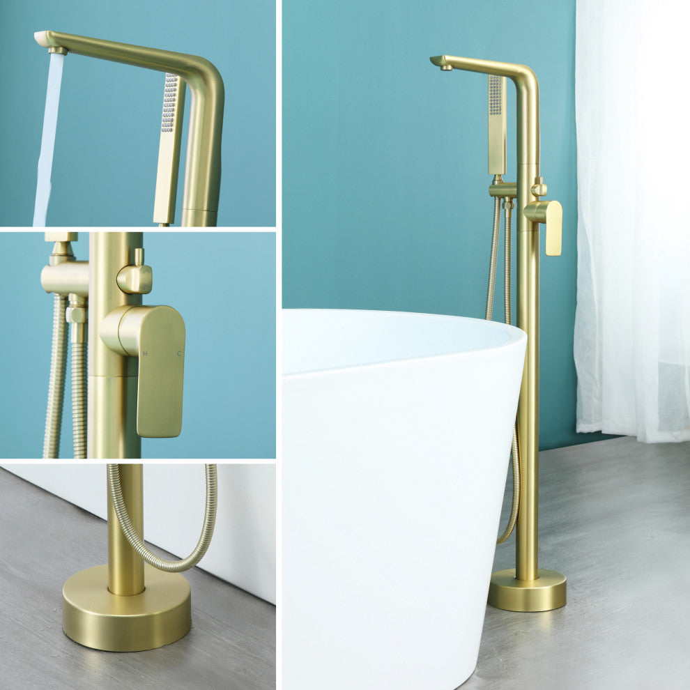 Wellfor Freestanding Faucet, Swivel Spout and Handheld Shower, 2 Handles, Brushed Gold